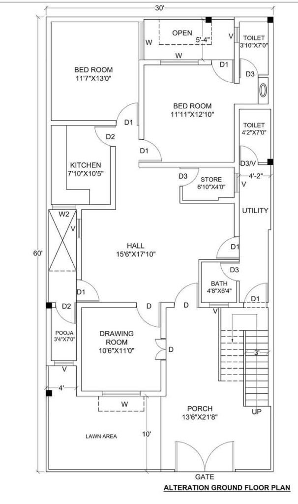 30*60 Single Floor House Plan