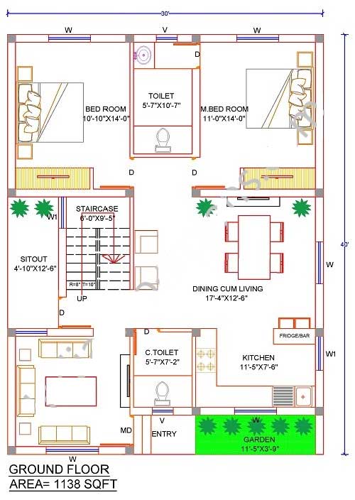 30 by 40 north facing 2bhk house plan