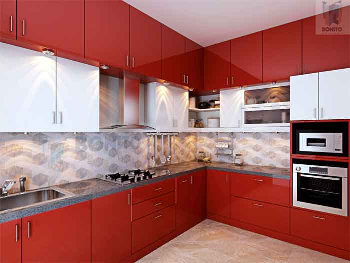 Cherry red L shaped modular kitchen