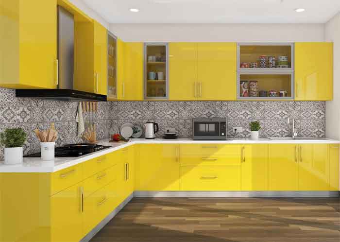 yellow tone l shape kitchen design