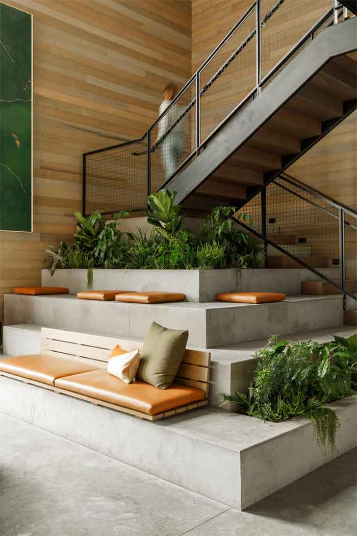 wooden stair case with planters