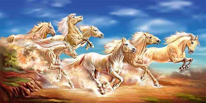 7 galloping white running horses