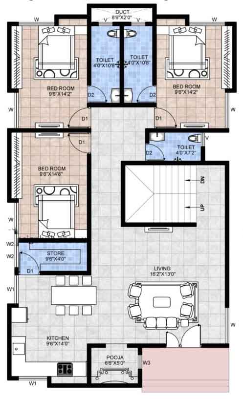 30 50 3bhk house plan