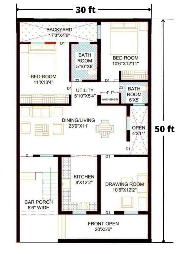 30x50 2bhk House plan