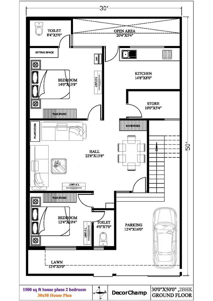 30 by 50 house plan with parking
