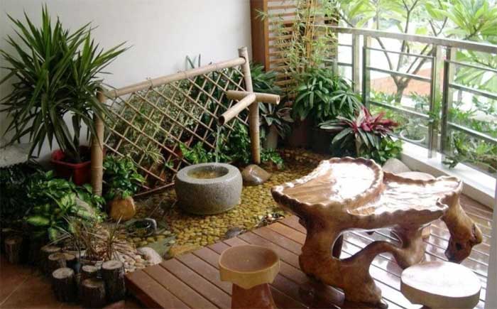 plants and fountain in balcony or chajja