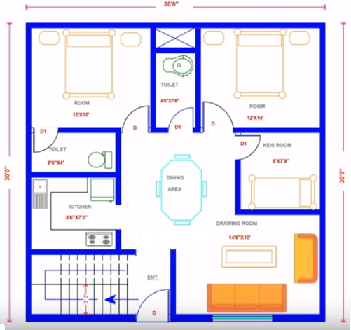 30 feet by 30 feet 3BHK House Plan