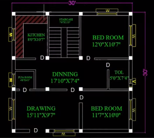 30 by 30 feet 2BHK with puja room