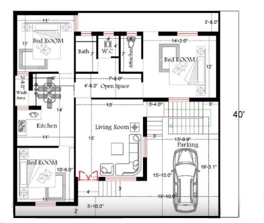 40 x 40 Feet House Plan - 3 BHK