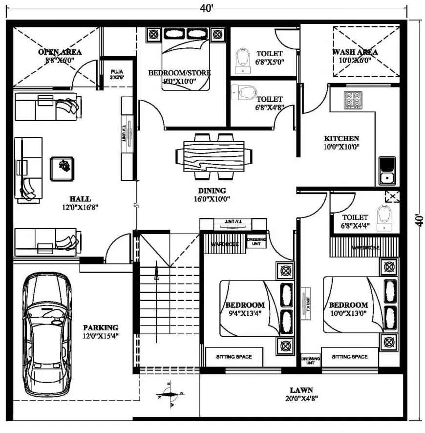 40 by 40 3bhk house plan design