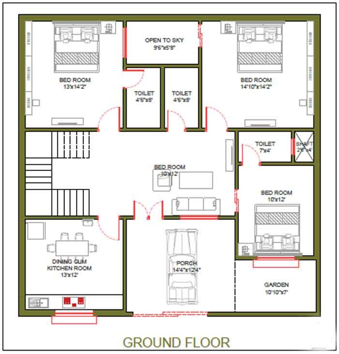 40 By Feet House Plans In 2bhk 3bhk