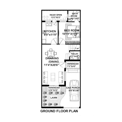 20 x 50 Feet 1 BHK House Plan