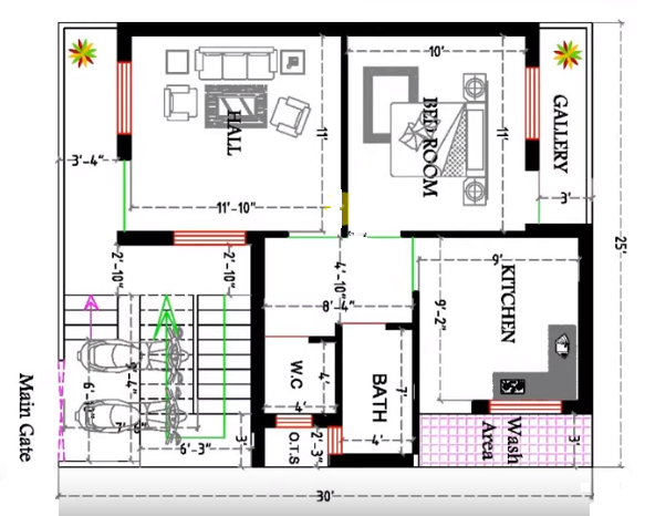25 x 30 Feet 1 BHK House Plan