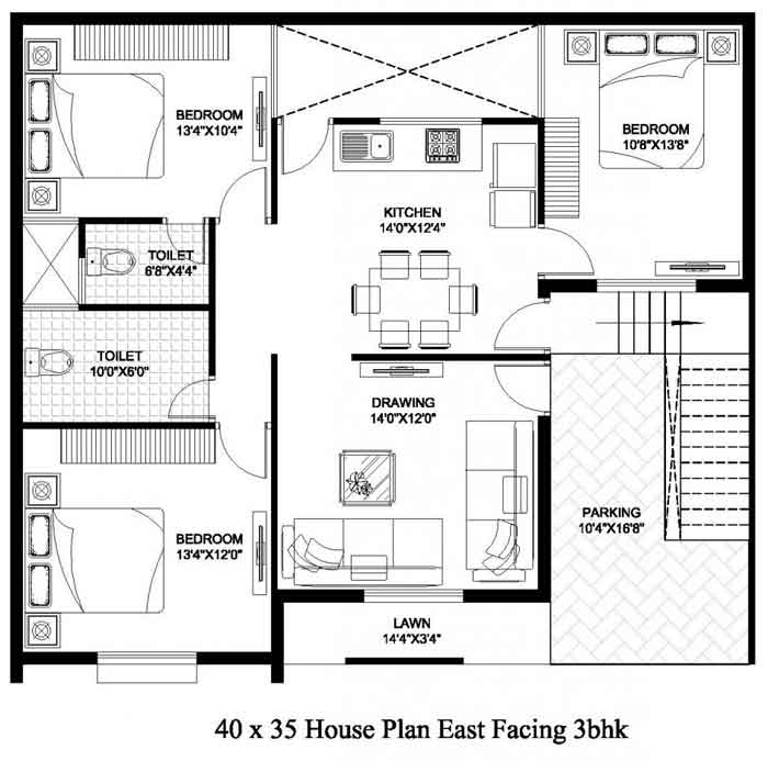 3bhk east facing single floor house vastu plan with car parking