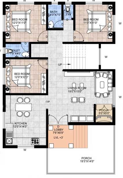3 Bedroom Open Floor Plan Indian