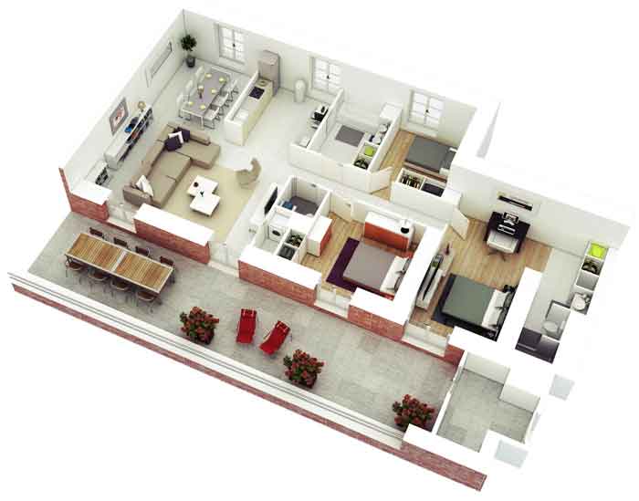3 Bedroom Kerala House 3D Plan