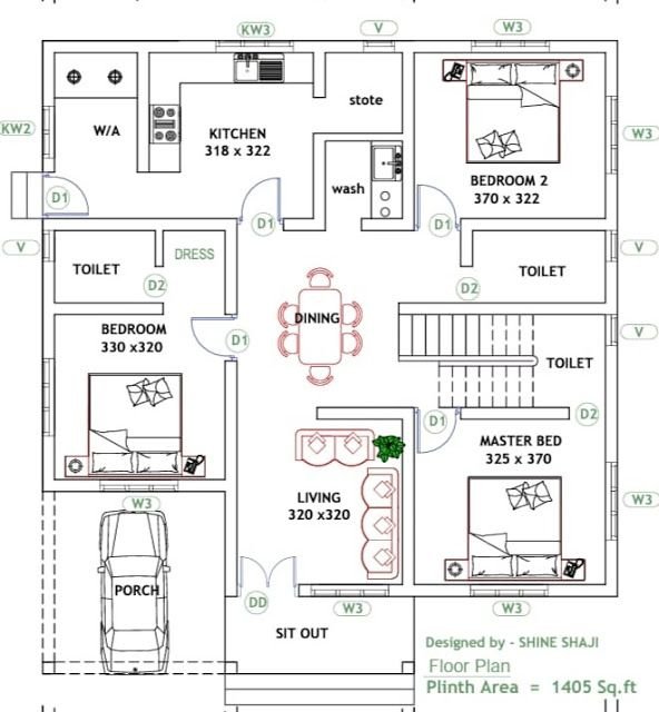 3 Bedroom Kerala House Plans In 2d