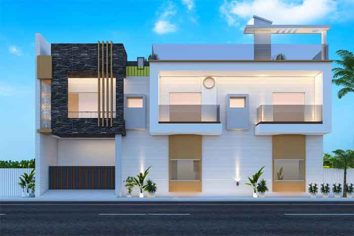 normal low cost front elevation for 2 floors house