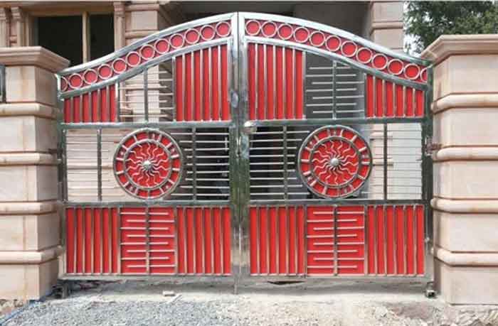 red main gate in steel colour combination