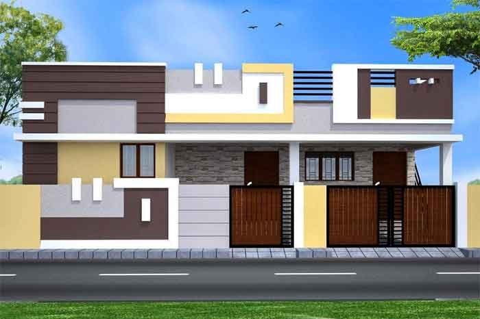 stone and brick single floor house front elevation