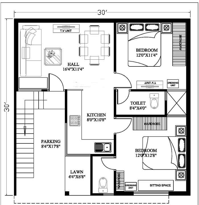 900 Square Feet 2 Bedroom Plan