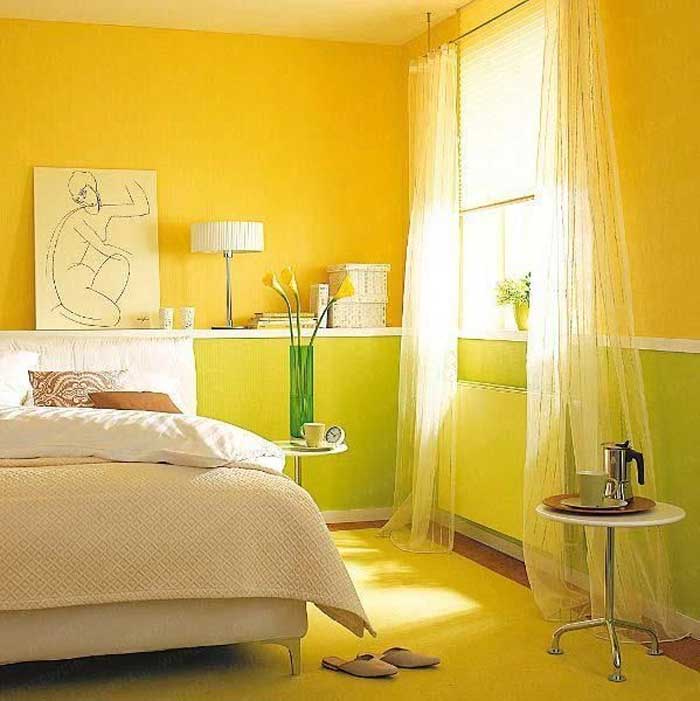 mustard yellow and green colour for bedroom walls