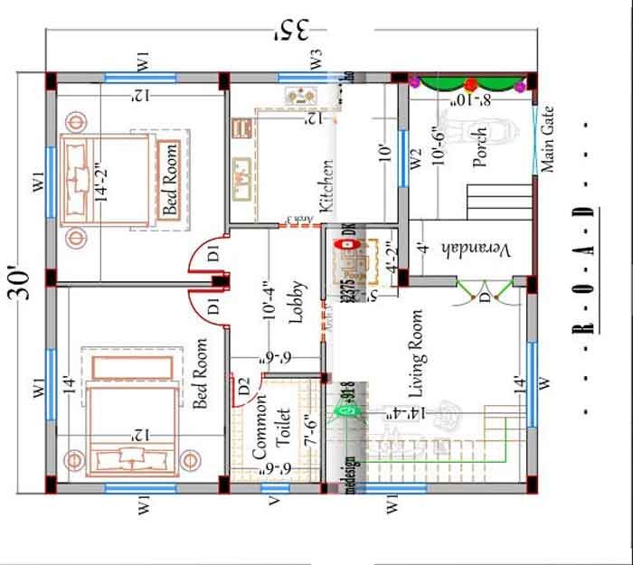 north facing 30 by 35 house plan