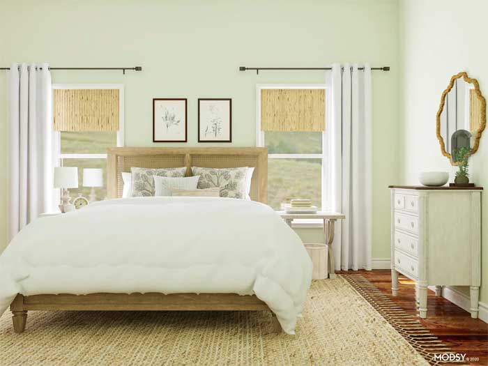 tan with pale green colours for bedroom