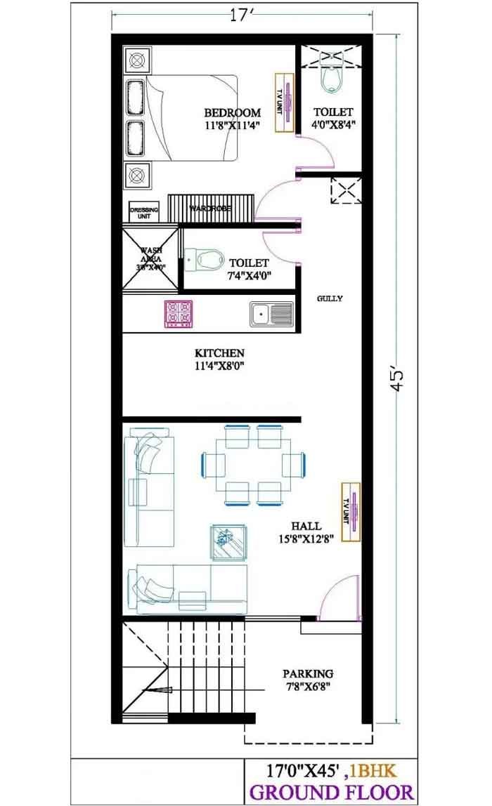 1 bhk 17 by 45 house design