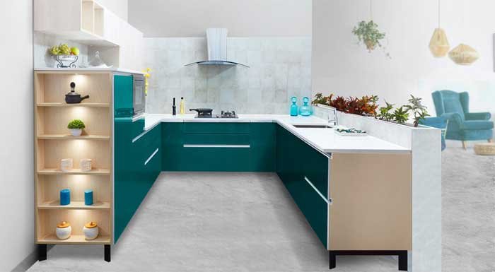 U shaped kitchen design with open shelf