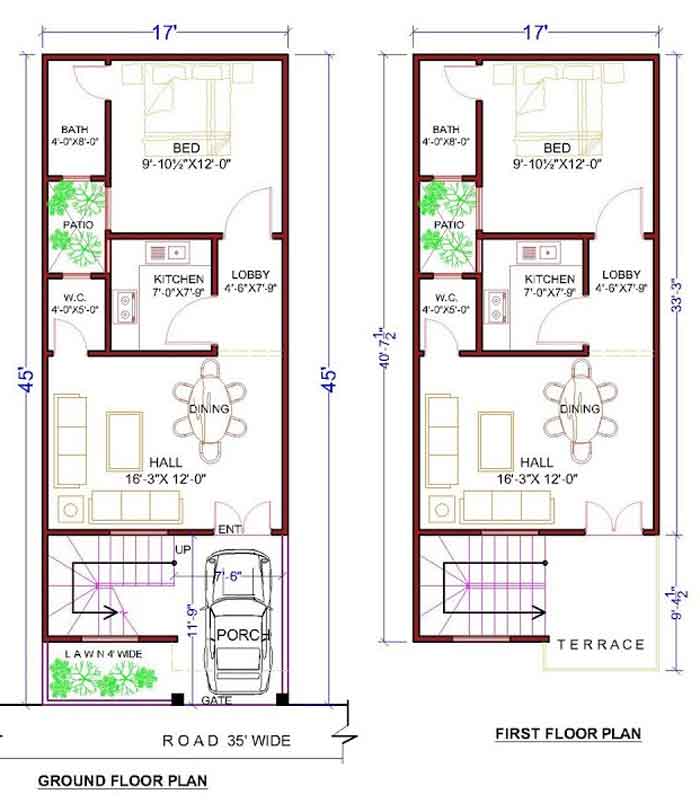 17 by 45 double story house plan