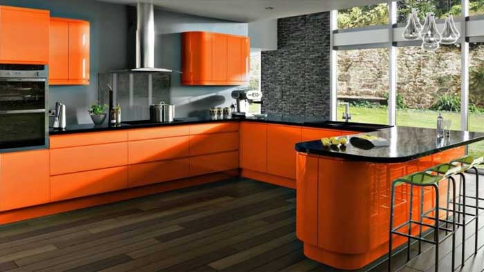 modular kitchen orange black color combination