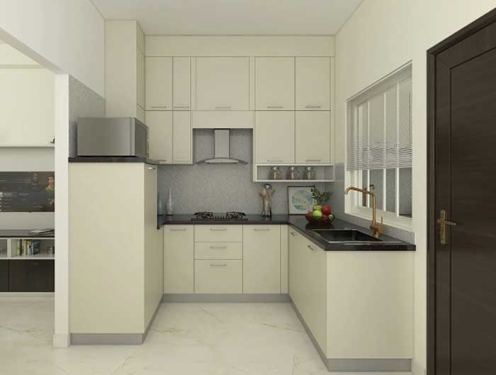 monochromatic U shaped kitchen design