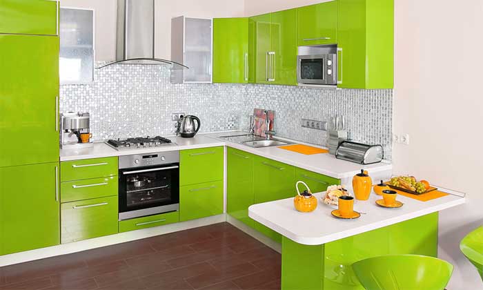 small simple kitchen white and green colours