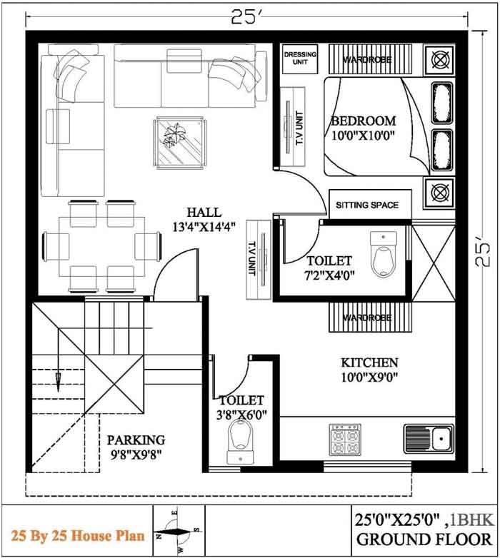 1BHK 25 by 25 House Plan