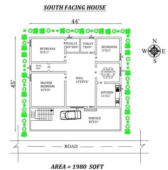 44 by 45 south facing house plan