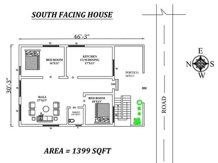 south facing 46x30 2bhk house plan