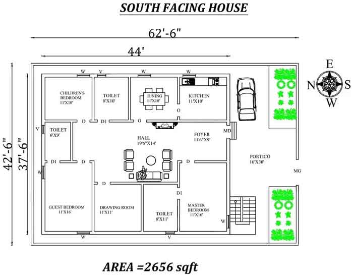 62 by 42 south facing house plan