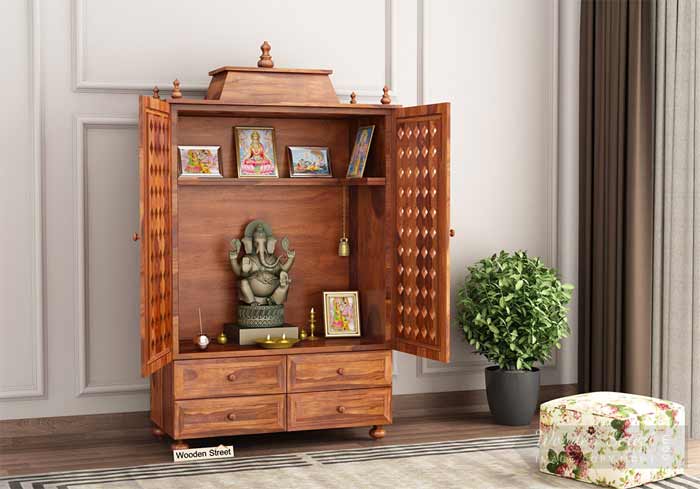 Wooden Pooja Mandir Designs for Home with Drawers