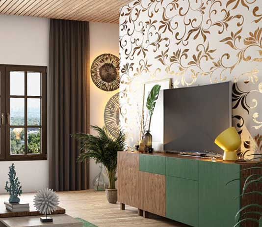 Tv Room Salon Or Living Room With Covered Wallpaper Wall Stock Photo   Download Image Now  iStock