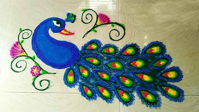 blue peacock rangoli design
