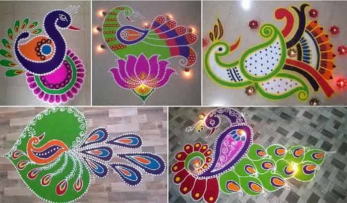 easy colorful peacock rangoli design
