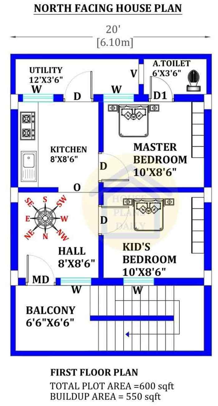 north facing first floor 600 square feet house plan