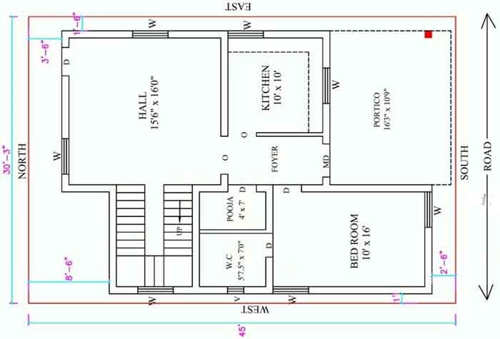 south facing 30x45 modern house plan