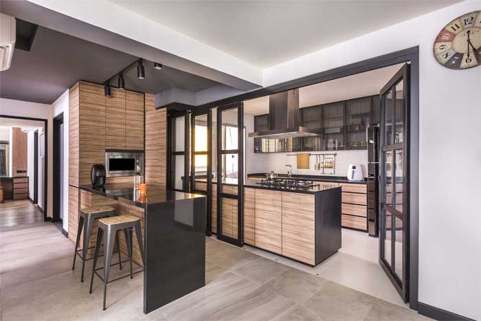 open kitchen design with sliding glass door