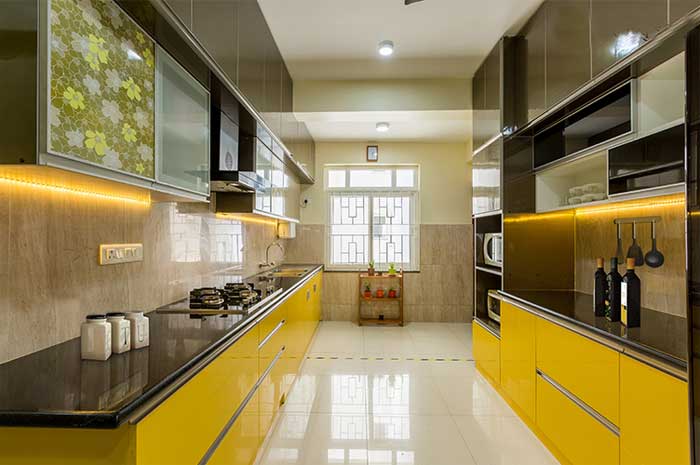yellow color parallel modular kitchen
