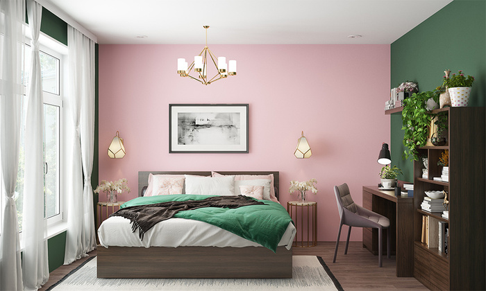 pink and green two color combination for bedroom walls
