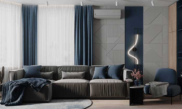 dark grey and blue colour combination for living room