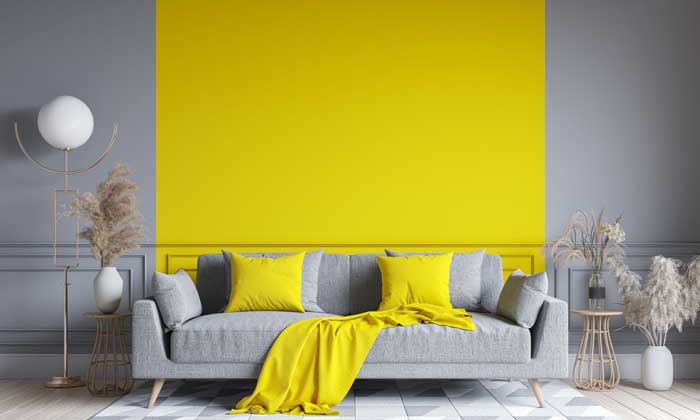 grey with yellow colour combination for living room