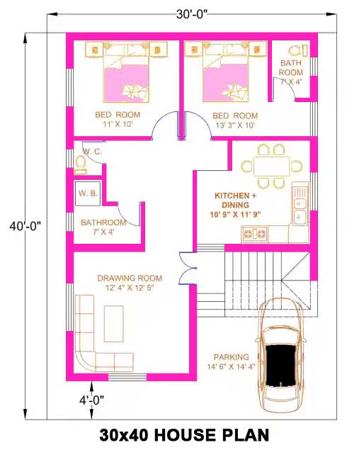 30 by 40 house plan 2bhk with car parking india